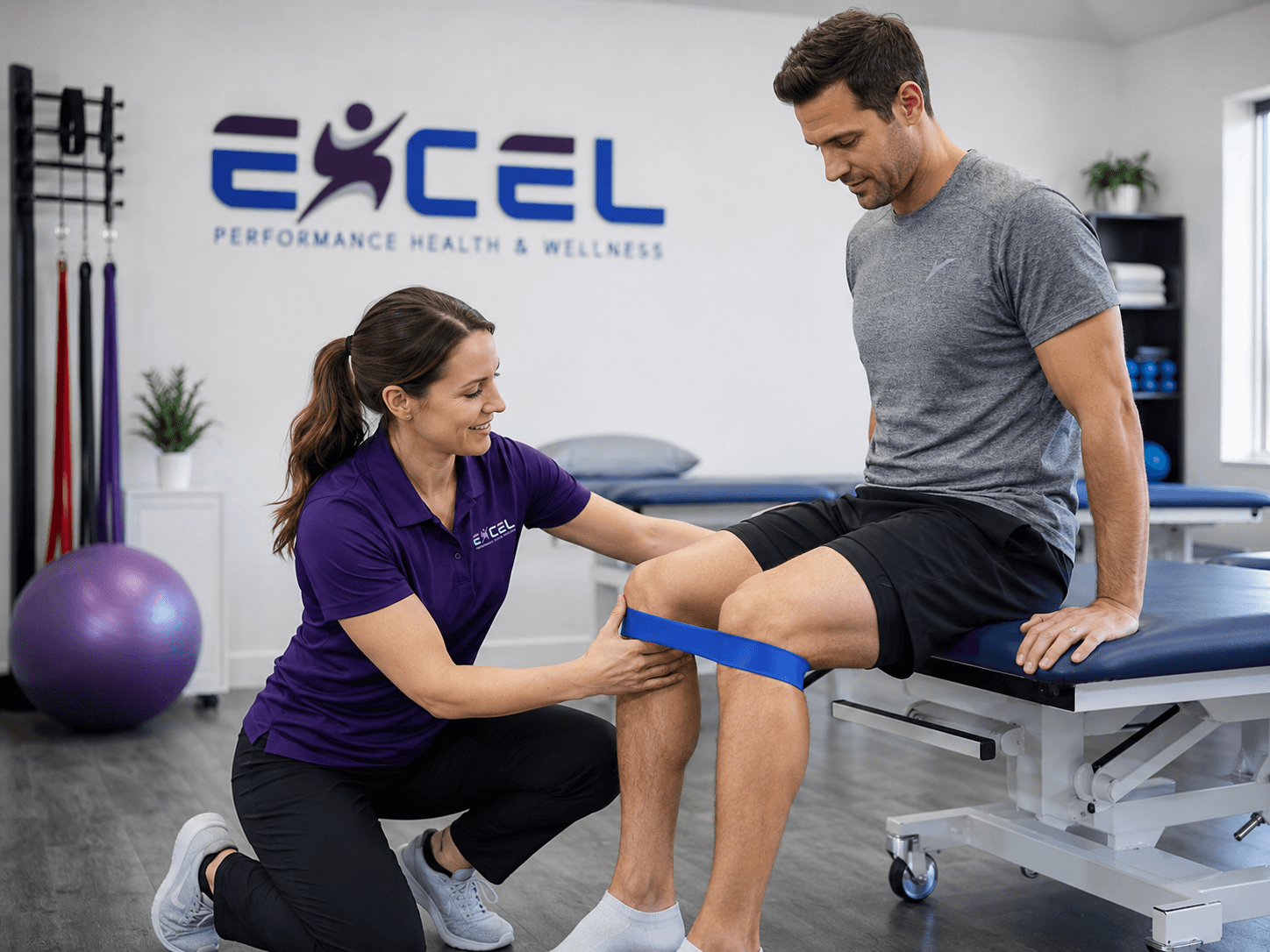 Therapist guiding a patient through a knee exercise
