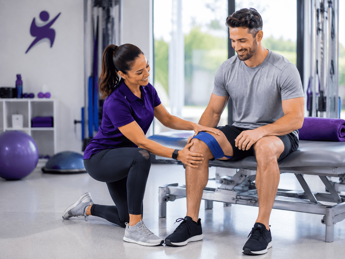 Therapist supporting a patient's knee during post-surgical rehab