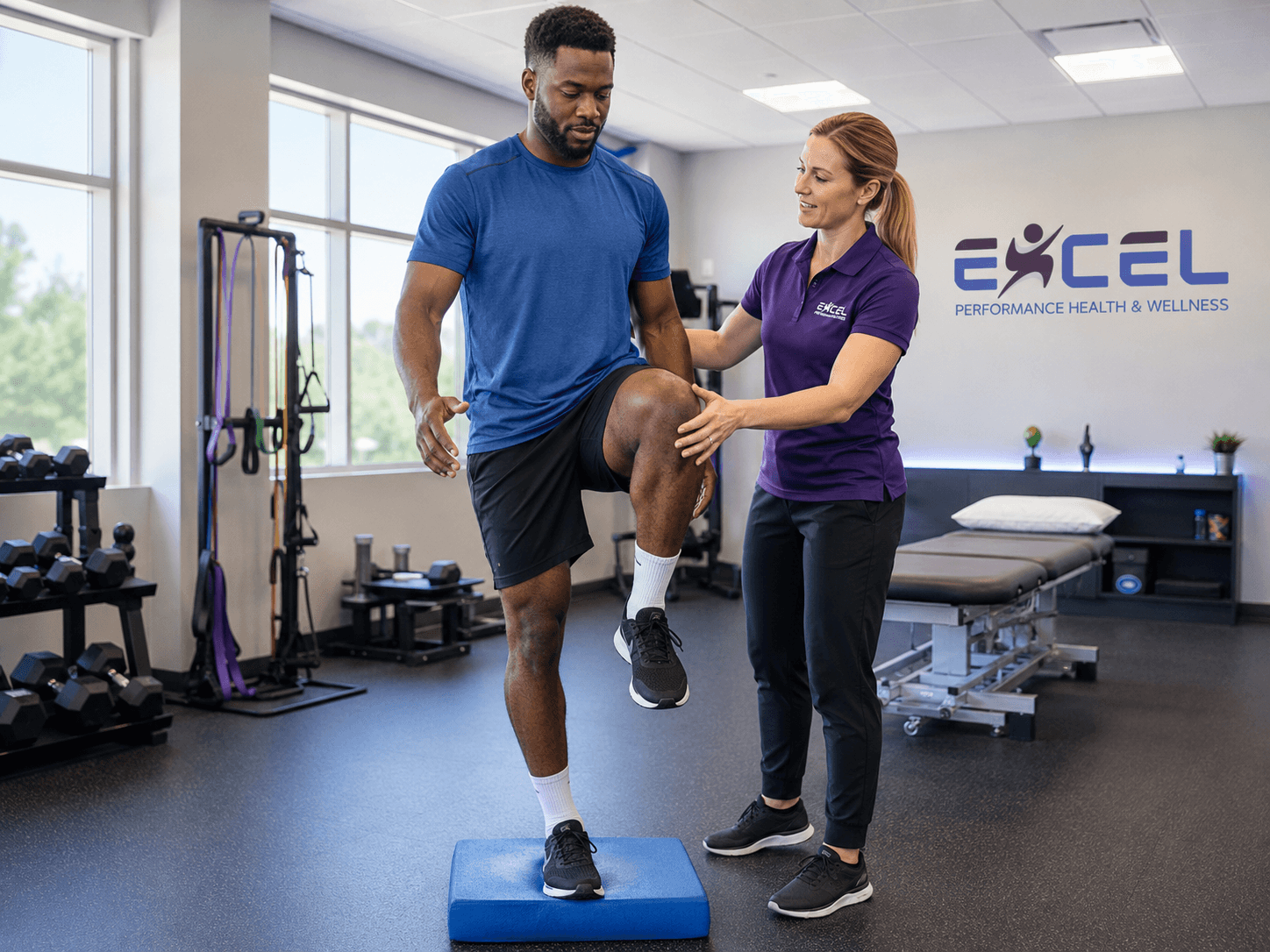 Athlete performing a guided step-up exercise with a therapist